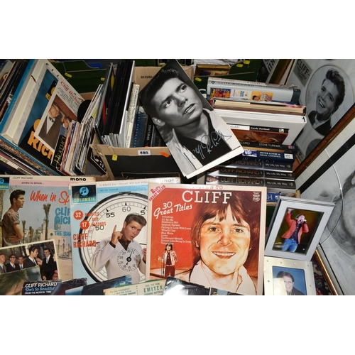 485 - FIVE BOXES OF CLIFF RICHARD BOOKS, VIDEOS, RECORDS AND PICTURES, to include framed prints, calendars... 