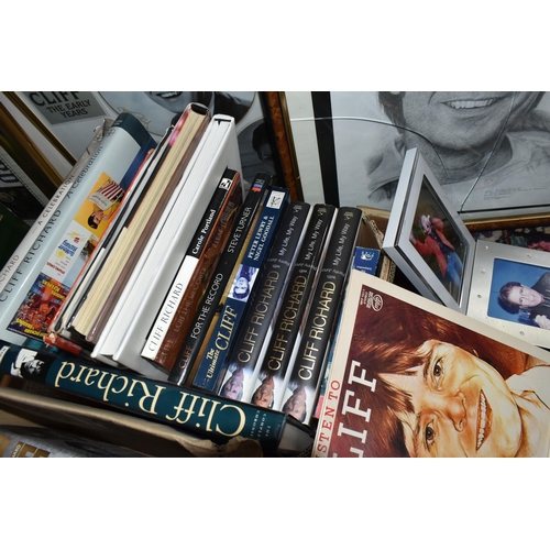 485 - FIVE BOXES OF CLIFF RICHARD BOOKS, VIDEOS, RECORDS AND PICTURES, to include framed prints, calendars... 