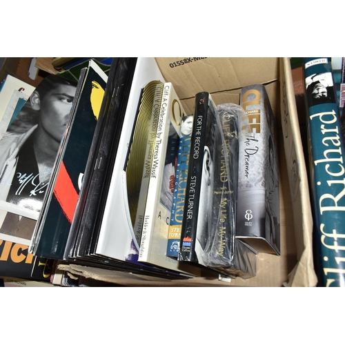 485 - FIVE BOXES OF CLIFF RICHARD BOOKS, VIDEOS, RECORDS AND PICTURES, to include framed prints, calendars... 