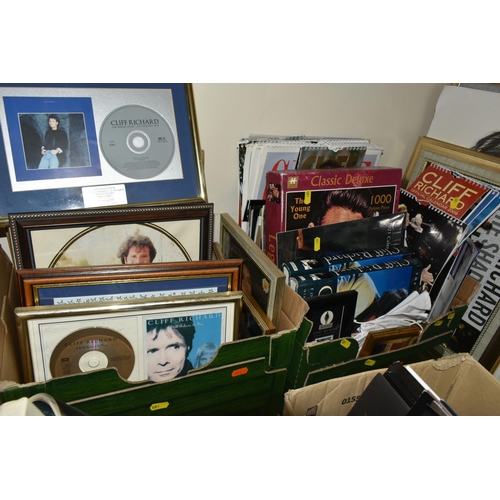 485 - FIVE BOXES OF CLIFF RICHARD BOOKS, VIDEOS, RECORDS AND PICTURES, to include framed prints, calendars... 