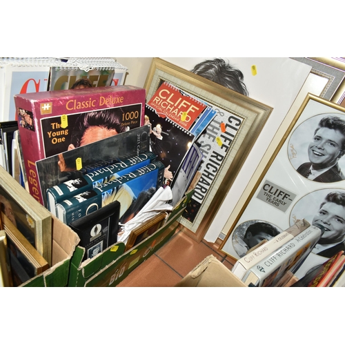 485 - FIVE BOXES OF CLIFF RICHARD BOOKS, VIDEOS, RECORDS AND PICTURES, to include framed prints, calendars... 