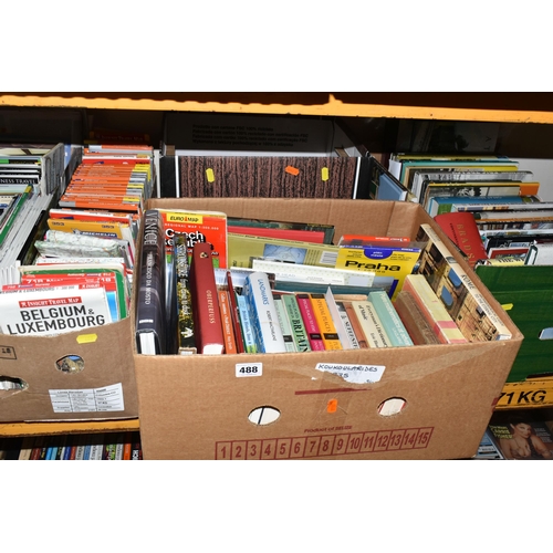 488 - FOUR BOXES OF BOOKS & MAPS containing a large collection miscellaneous book titles in hardback and p... 