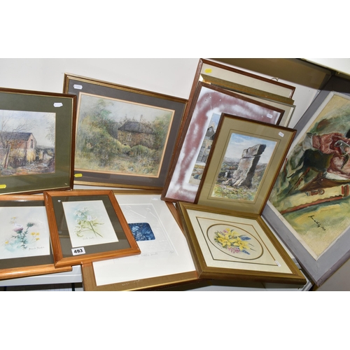 493 - A SMALL QUANTITY OF DECORATIVE PAINTINGS AND PRINTS ETC, comprising a John Straw watercolour depicti... 