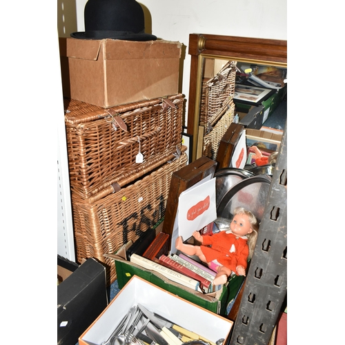 495 - THREE BOXES AND LOOSE WICKER HAMPERS, METALWARES, WALKING STICKS AND SUNDRY ITEMS, to include two Fo... 