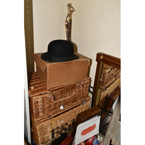 495 - THREE BOXES AND LOOSE WICKER HAMPERS, METALWARES, WALKING STICKS AND SUNDRY ITEMS, to include two Fo... 