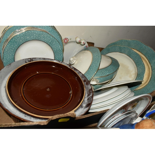 497 - FOUR BOXES OF CERAMICS AND SUNDRY ITEMS, to include a twenty one piece Wedgwood & Co Ltd 'Garden' pa... 