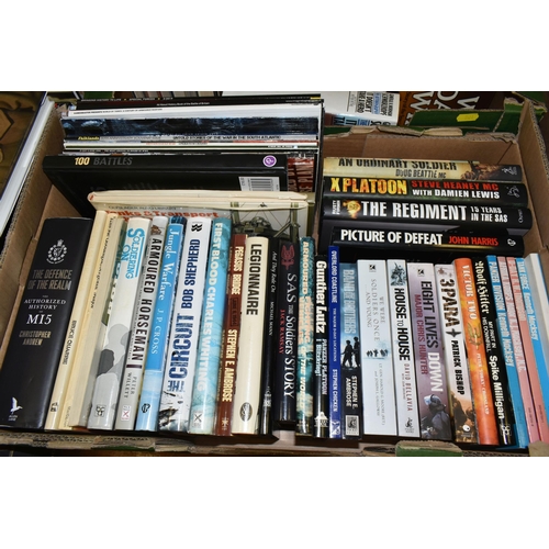 501 - FOUR BOXES OF MILITARY THEMED BOOKS AND MAGAZINES, over one hundred titles in hardback and paperback... 