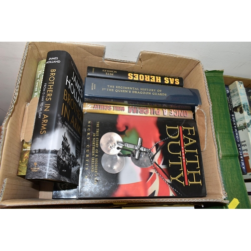 501 - FOUR BOXES OF MILITARY THEMED BOOKS AND MAGAZINES, over one hundred titles in hardback and paperback... 