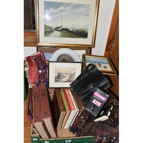 502 - TWO BOXES OF BOOKS, PICTURES, MIRRORS AND MISCELLANEOUS ITEMS, to include nine framed paintings, ske... 