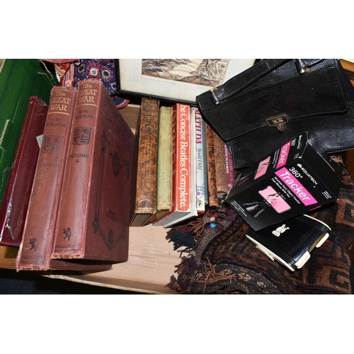 502 - TWO BOXES OF BOOKS, PICTURES, MIRRORS AND MISCELLANEOUS ITEMS, to include nine framed paintings, ske... 