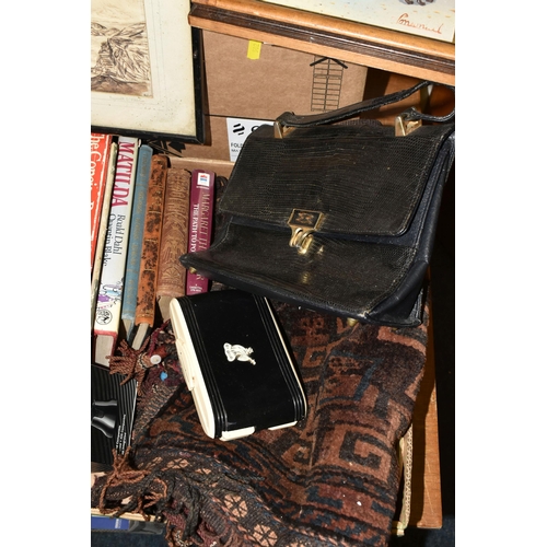 502 - TWO BOXES OF BOOKS, PICTURES, MIRRORS AND MISCELLANEOUS ITEMS, to include nine framed paintings, ske... 