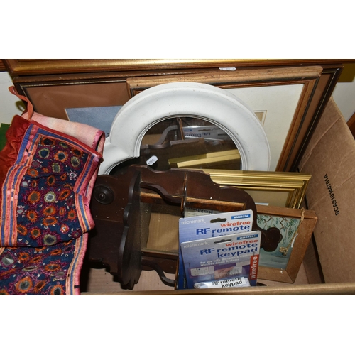 502 - TWO BOXES OF BOOKS, PICTURES, MIRRORS AND MISCELLANEOUS ITEMS, to include nine framed paintings, ske... 