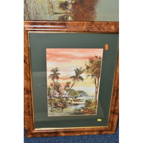 504 - FIVE DECORATIVE OIL AND WATERCOLOUR PICTURES, comprising two John Bampfield (1947) oils on canvas, t... 