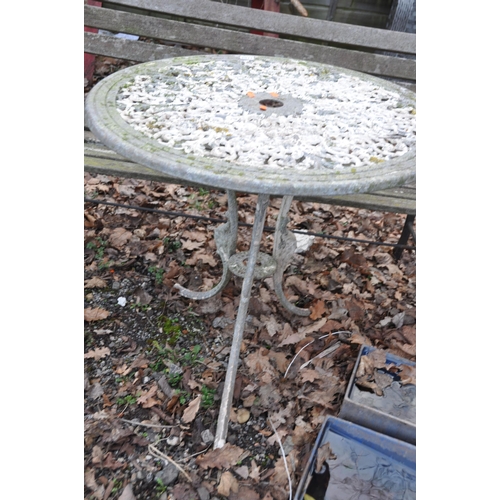 1011 - A MODERN ALUMINIUM CIRCULAR GARDEN TABLE, a modern bench with cast iron ends 122cm wide and two cast... 