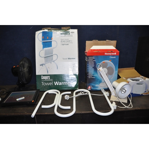 1055 - A COLLECTION OF HOUSEHOLD ELECTRICALS including a brand new in box Honeywell classic table fan, a br... 