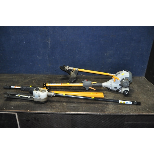 1063 - A RYOBI EXPAND IT PETROL MULTI CUTTER SYSTEM with APR 03 tree lopping chainsaw, a AHF 03 hedge trimm... 