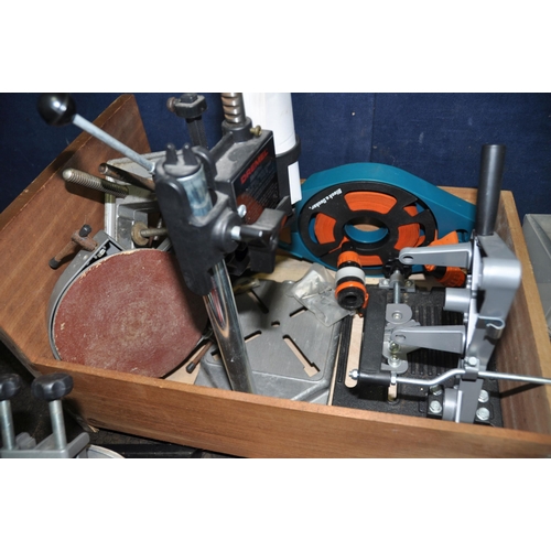 1070 - A DRAWER AND A BOC CONTAINING TOOLS including a Dremel stand, two Wolfcraft sanding attachments, a M... 