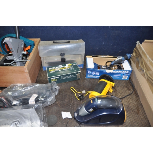 1070 - A DRAWER AND A BOC CONTAINING TOOLS including a Dremel stand, two Wolfcraft sanding attachments, a M... 