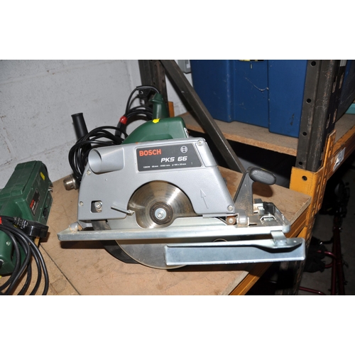 1078 - THREE BOSCH POWER TOOLS comprising of a PKS 66 circular saw, a CSB 850-2RET Hammer drill and a PBS60... 