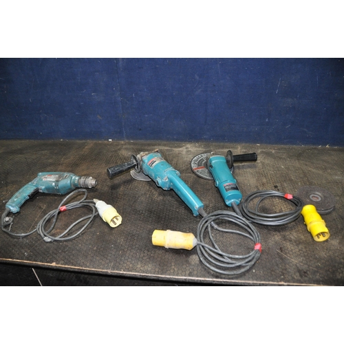 1104 - THREE MAKITA 110 VOLT POWER TOOLS comprising of a HP1500 drill, a 9503B angle grinder and a 9005B an... 