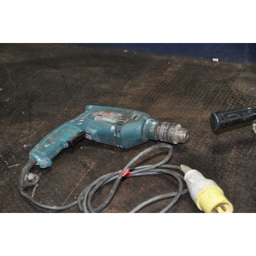 1104 - THREE MAKITA 110 VOLT POWER TOOLS comprising of a HP1500 drill, a 9503B angle grinder and a 9005B an... 