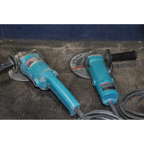 1104 - THREE MAKITA 110 VOLT POWER TOOLS comprising of a HP1500 drill, a 9503B angle grinder and a 9005B an... 