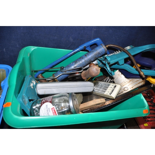 1106 - TWO TRAYS CONTAINING HAND AND POWER TOOLS including a Bosch PST700PAE jigsaw, a Black and Decker BD1... 