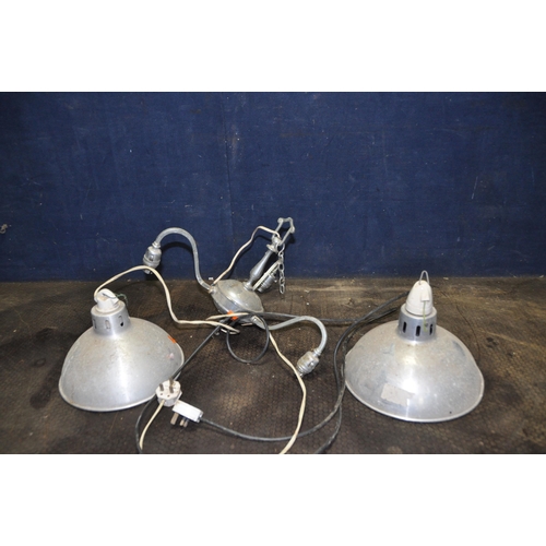 1113 - A PAIR OF VINTAGE ALUMINIUM INDUSTRIAL LIGHTS with screwfit ceramic bulb holders and a chrome three ... 