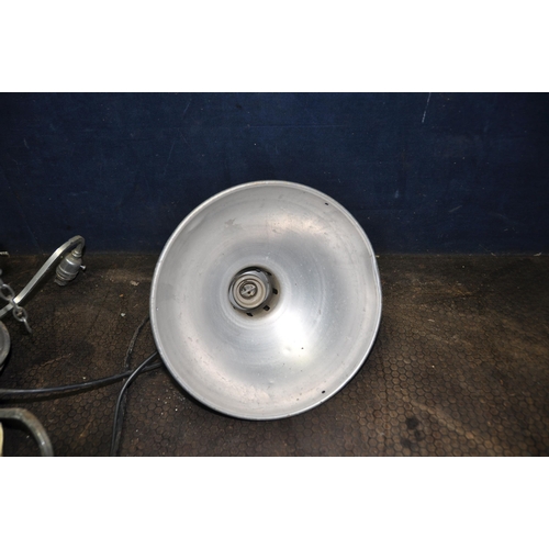 1113 - A PAIR OF VINTAGE ALUMINIUM INDUSTRIAL LIGHTS with screwfit ceramic bulb holders and a chrome three ... 