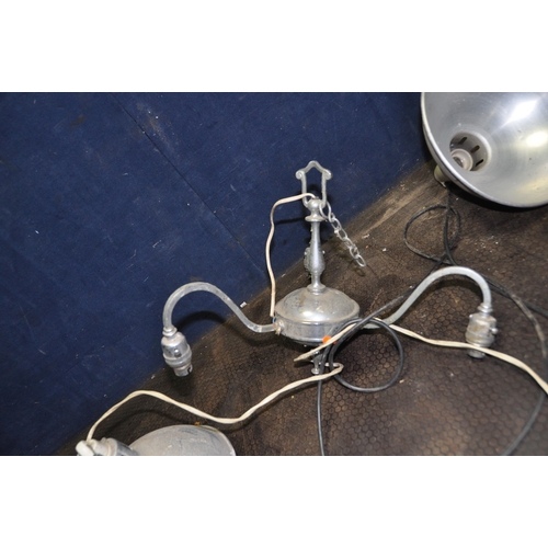 1113 - A PAIR OF VINTAGE ALUMINIUM INDUSTRIAL LIGHTS with screwfit ceramic bulb holders and a chrome three ... 