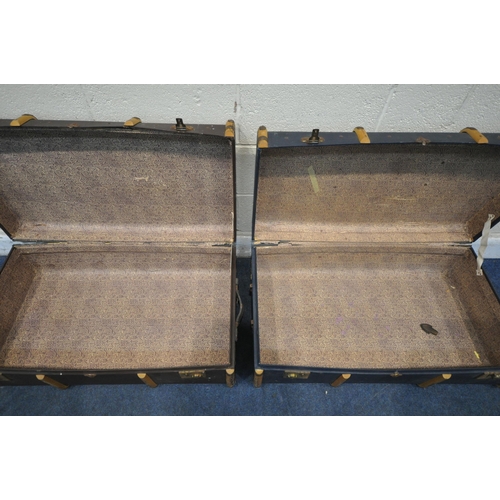 1201 - TWO VINTAGE CANVASS TRAVELING TRUNKS, with wooden banding, length 92cm x depth 54cm x height 32cm (c... 