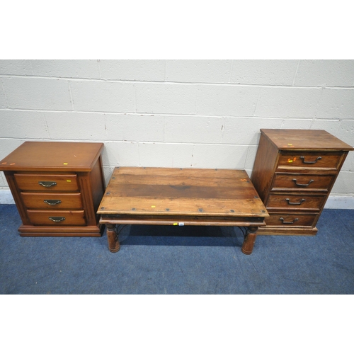 1207 - A HARDWOOD RECTANGULAR COFFEE TABLE, with two drawers, metal studs and supports, length 110cm x dept... 