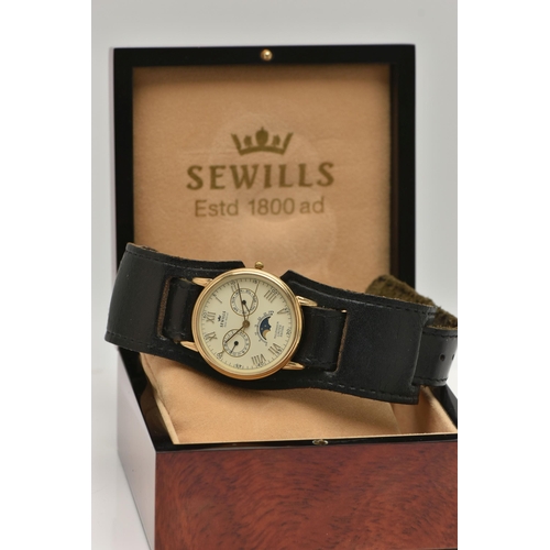 12 - A BOXED GENTS 9CT GOLD 'SEWILLS' WRISTWATCH, quartz movement, round cream dial signed 'Sewills, Estd... 