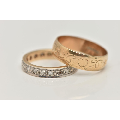 14 - TWO 9CT GOLD BAND RINGS, the first a wide band with engraved heart and foliate pattern, hallmarked 9... 