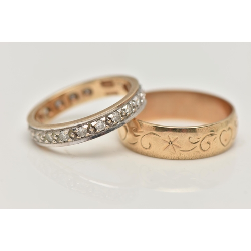 14 - TWO 9CT GOLD BAND RINGS, the first a wide band with engraved heart and foliate pattern, hallmarked 9... 