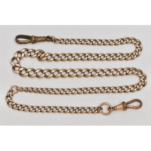 3 - A YELLOW METAL CURB LINK ALBERT CHAIN, a graduated chain, fitted with two rolled gold lobster clasps... 