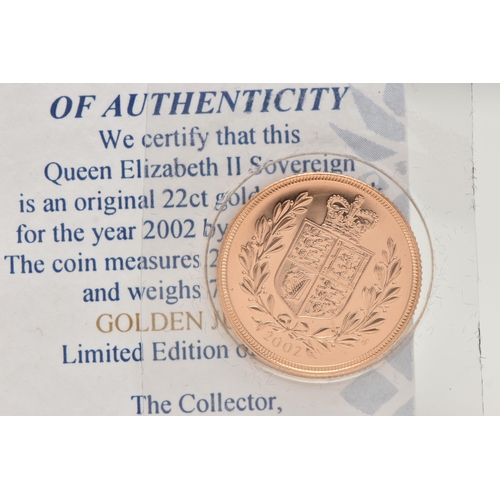 41 - A TIMOTHY NOAD JUBILEE SHIELD 2002 22CT FULL GOLD SOVEREIGN COIN, 75,264 mintage, Elizabeth II, 7.98... 