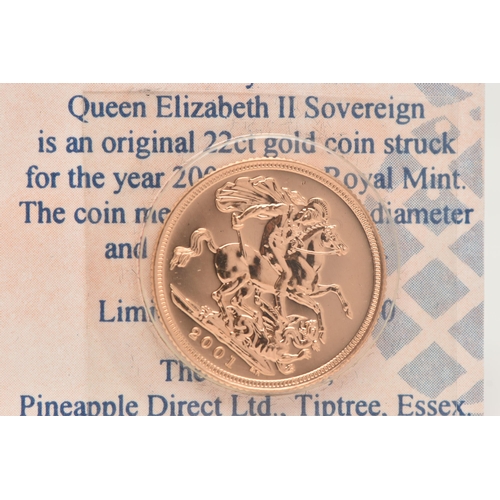 45 - A FULL 22ct GOLD SOVEREIGN COIN 2001 ELIZABETH II, .916 fine, 7.98 grams, 22.05mm, in blister pack w... 