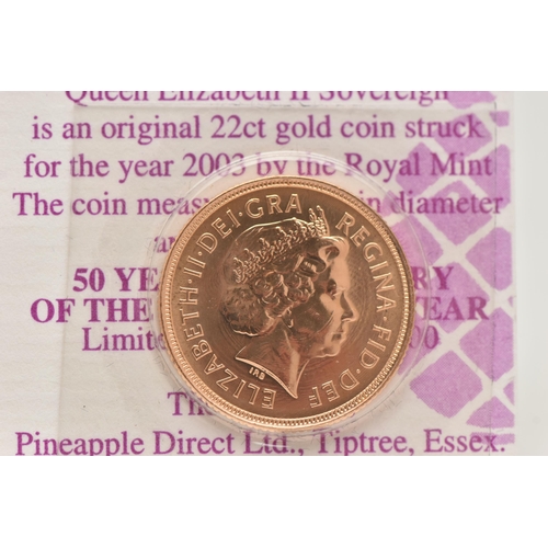 47 - A FULL 22ct GOLD SOVEREIGN COIN 2003 ELIZABETH II, 7.98 grams, .916 fine, 22.05mm, in blister pack w... 