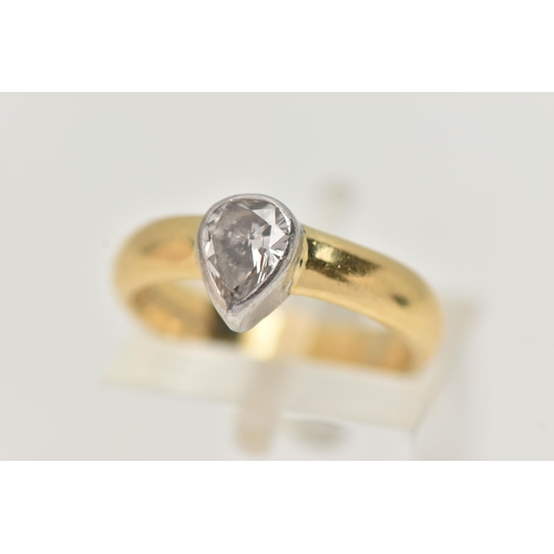 5 - AN 18CT GOLD PEAR CUT DIAMOND RING, the pear cut diamond within a collet setting to the plain band, ... 