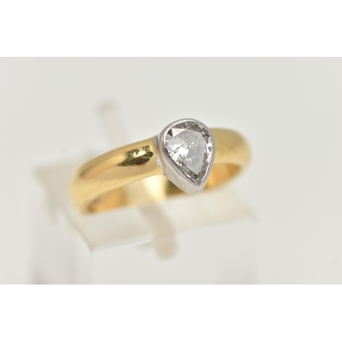 5 - AN 18CT GOLD PEAR CUT DIAMOND RING, the pear cut diamond within a collet setting to the plain band, ... 