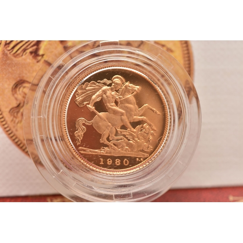 54 - A BOXED 1980 ELIZABETH II, 22CT PROOF GOLD HALF SOVEREIGN COIN, 3.99 grams, 19.30mm, in capsule with... 