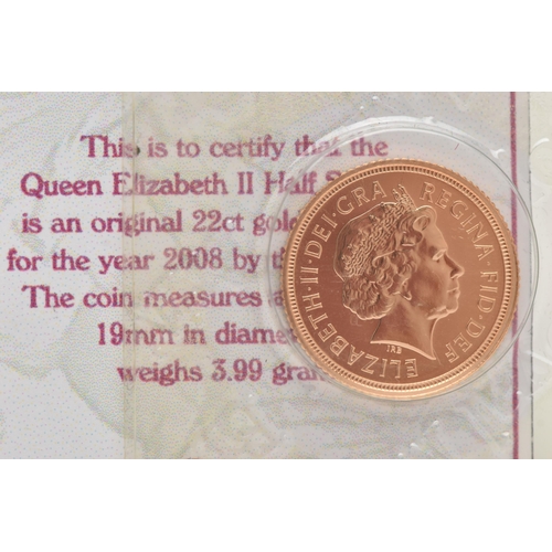 55 - A BOXED 2008 ELIZABETH II, 22CT GOLD HALF SOVEREIGN COIN, 3.99 grams, 19mm, in blister pack with box... 