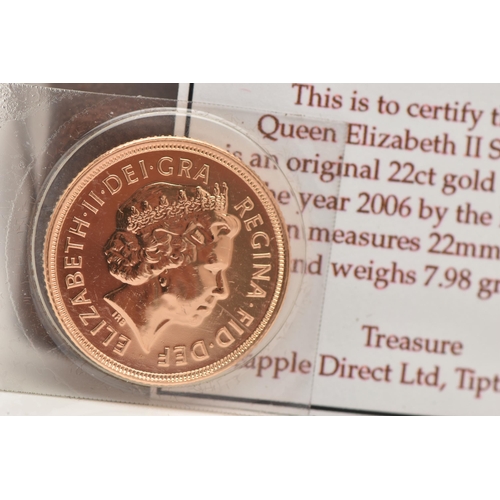 58 - A BOXED 2006 ELIZABETH II, 22CT GOLD FULL SOVEREIGN COIN, 7.98 grams, 22mm, in blister pack with box... 