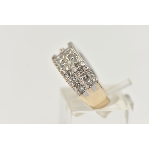 6 - A DIAMOND DRESS RING, designed as two rows of princess cut diamonds, each row flanked by brilliant c... 