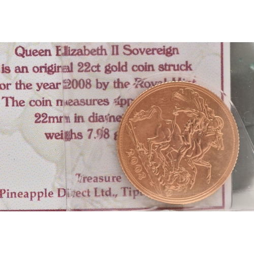 60 - A BOXED 2008 ELIZABETH II, 22CT GOLD FULL SOVEREIGN COIN, 7.89 grams, 22mm, in blister pack with COA