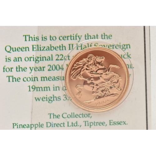 63 - A 2004 ELIZABETH II, 22CT GOLD HALF SOVEREIGN COIN, 3.98 grams, 19mm, in blister pack with COA