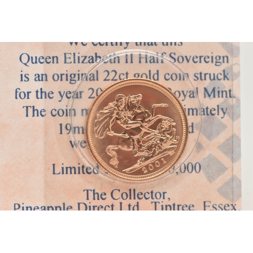 64 - A 2001 ELIZABETH II, 22CT GOLD HALF SOVEREIGN COIN, 3.98 grams, 19mm, in blister pack with COA