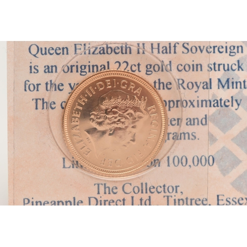 64 - A 2001 ELIZABETH II, 22CT GOLD HALF SOVEREIGN COIN, 3.98 grams, 19mm, in blister pack with COA