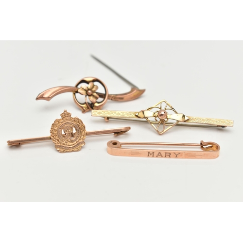 72 - THREE BAR BROOCHES AND A SWEETHEART BROOCH, the first a 9ct gold AF brooch with a clover detail, fit... 